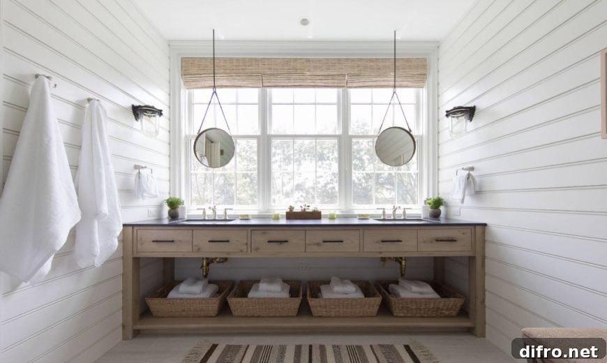 Bright white bathroom with shiplap walls and wooden accents