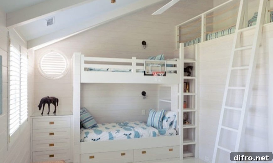 Cozy kids' room with shiplap walls and bunk beds