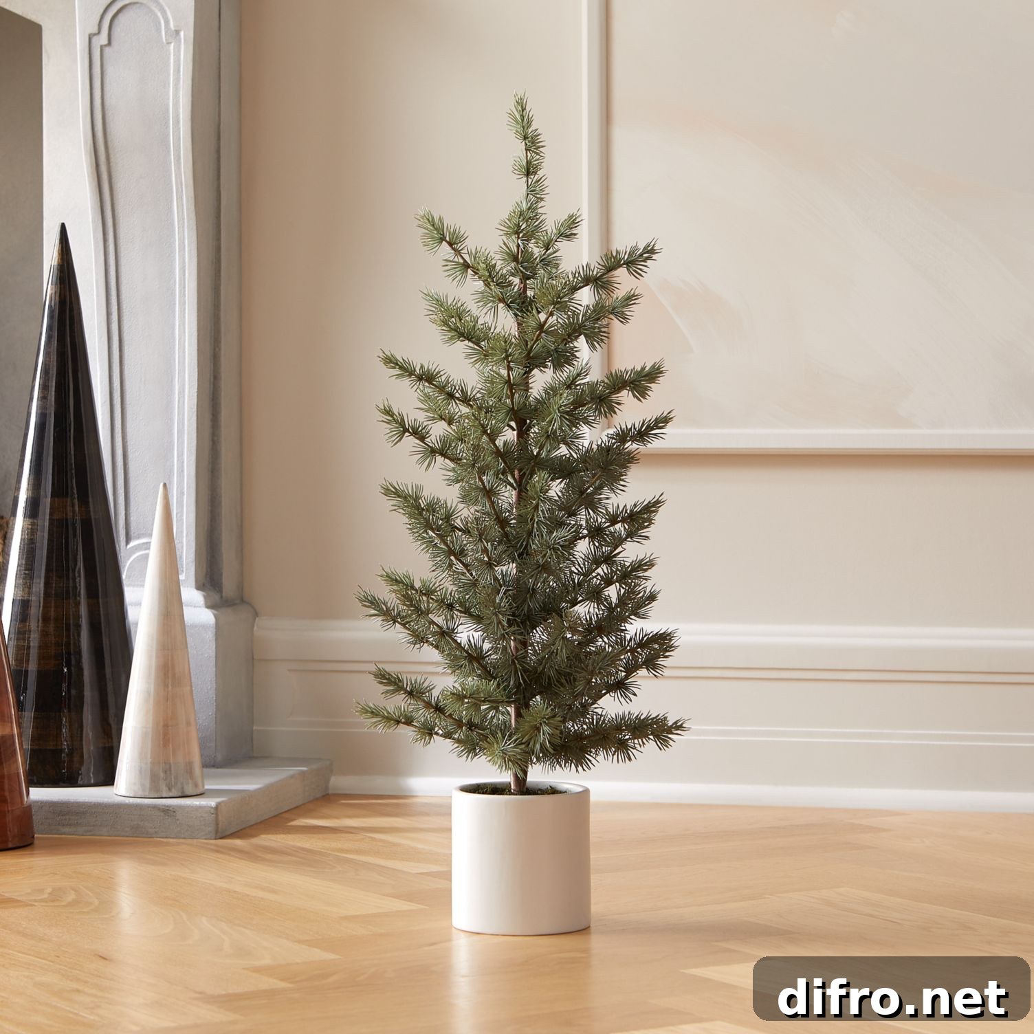 Potted pine small Christmas tree in planter