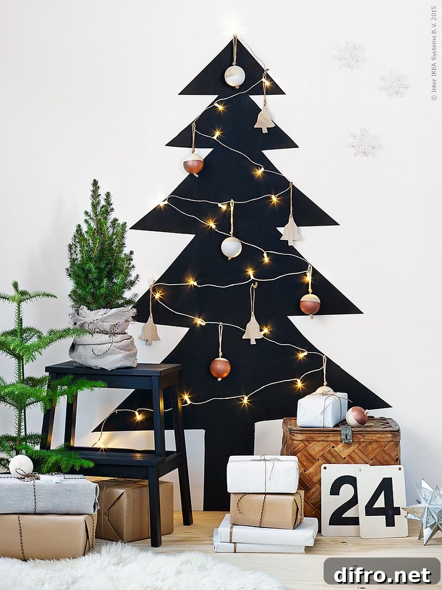 White wall with a black Christmas tree drawing.