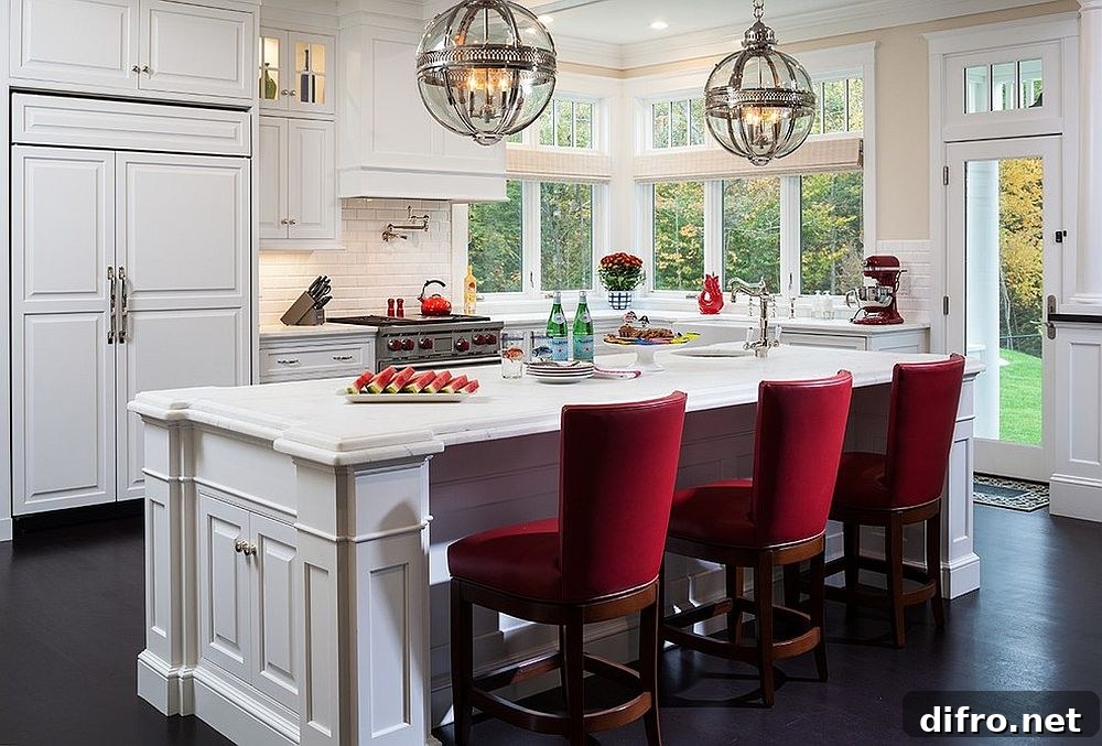 Victorian kitchen with red bar chairs