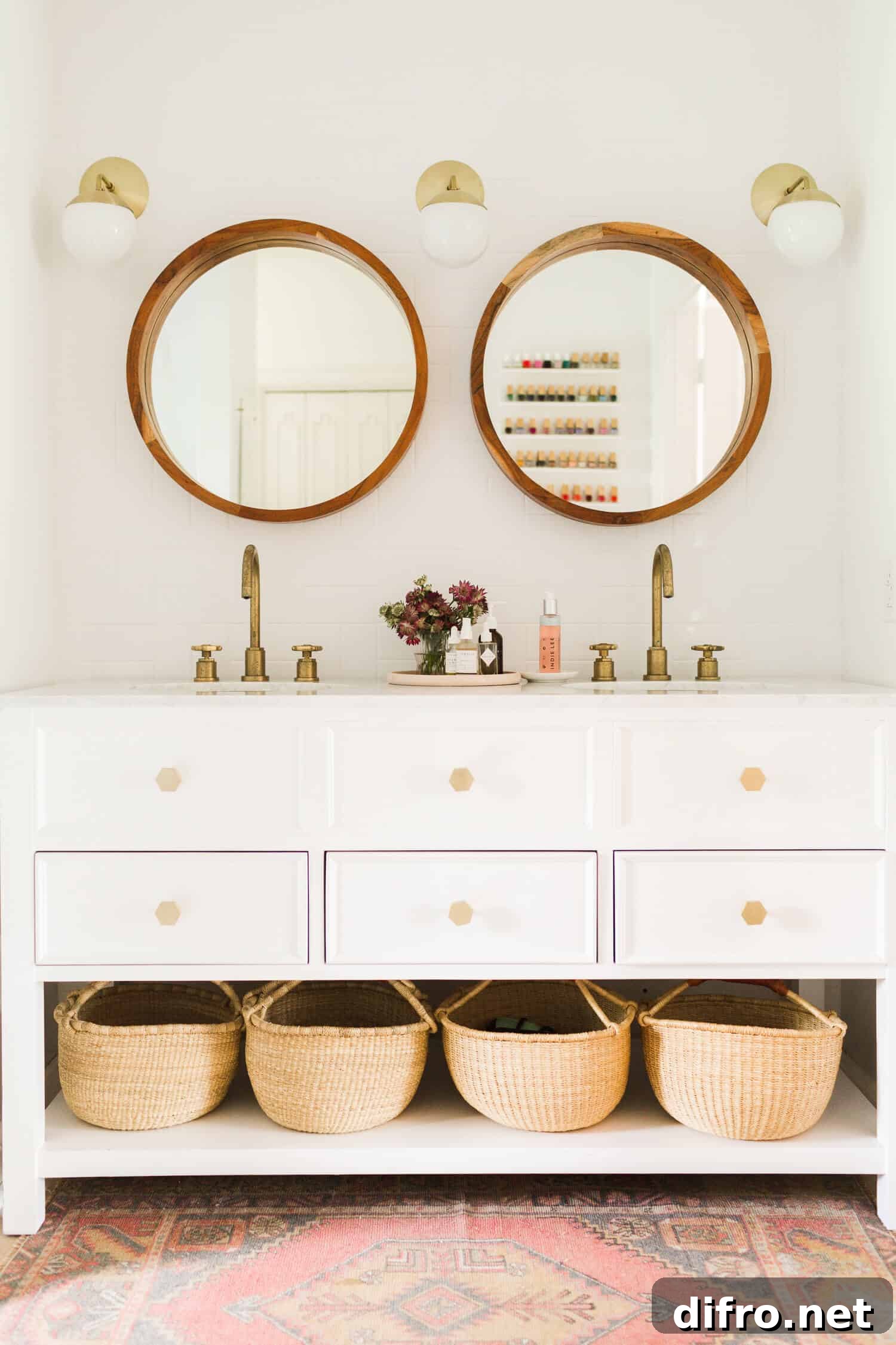 Row of storage baskets under sink