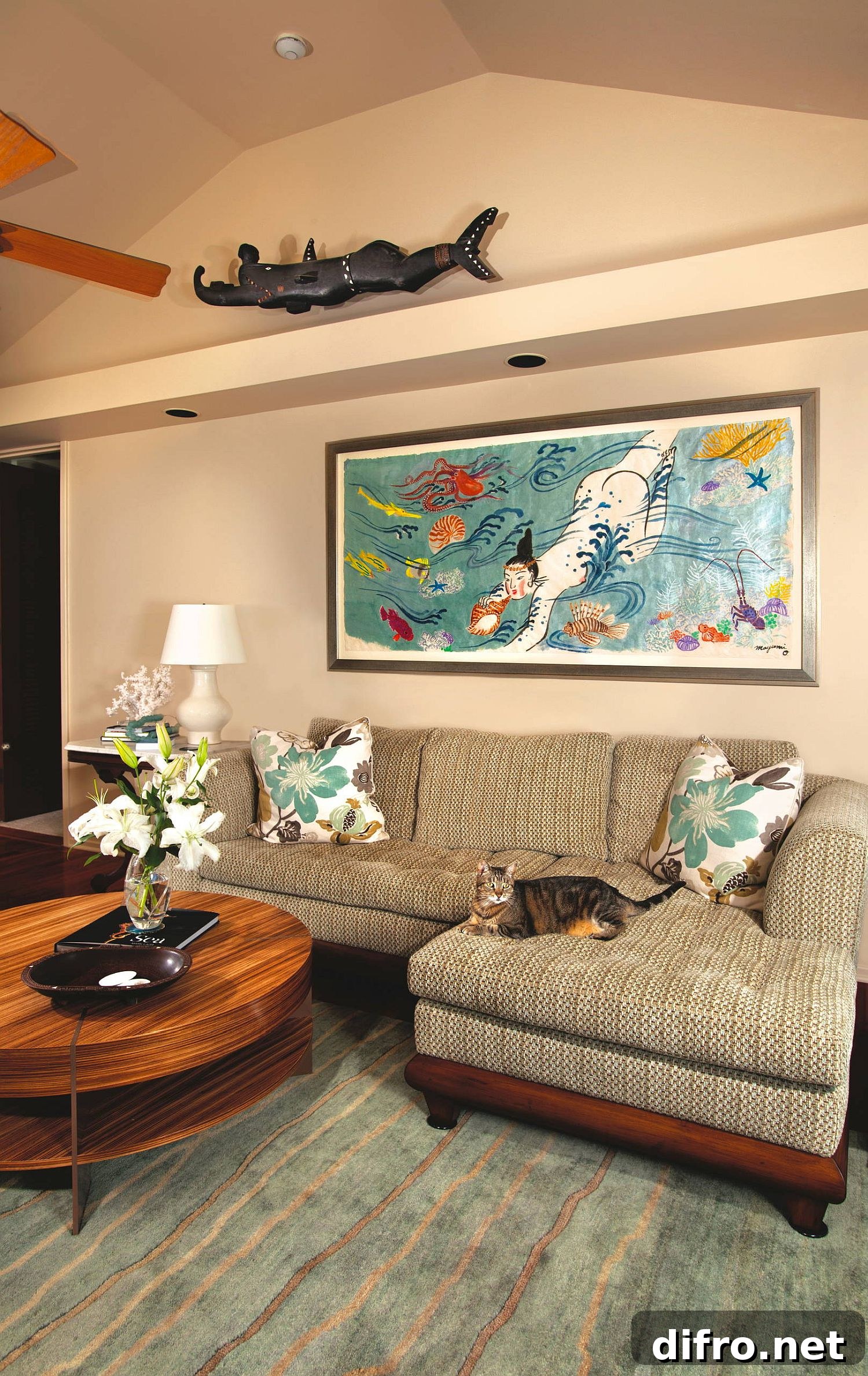 Neutral living room where a standout wall art piece becomes the star