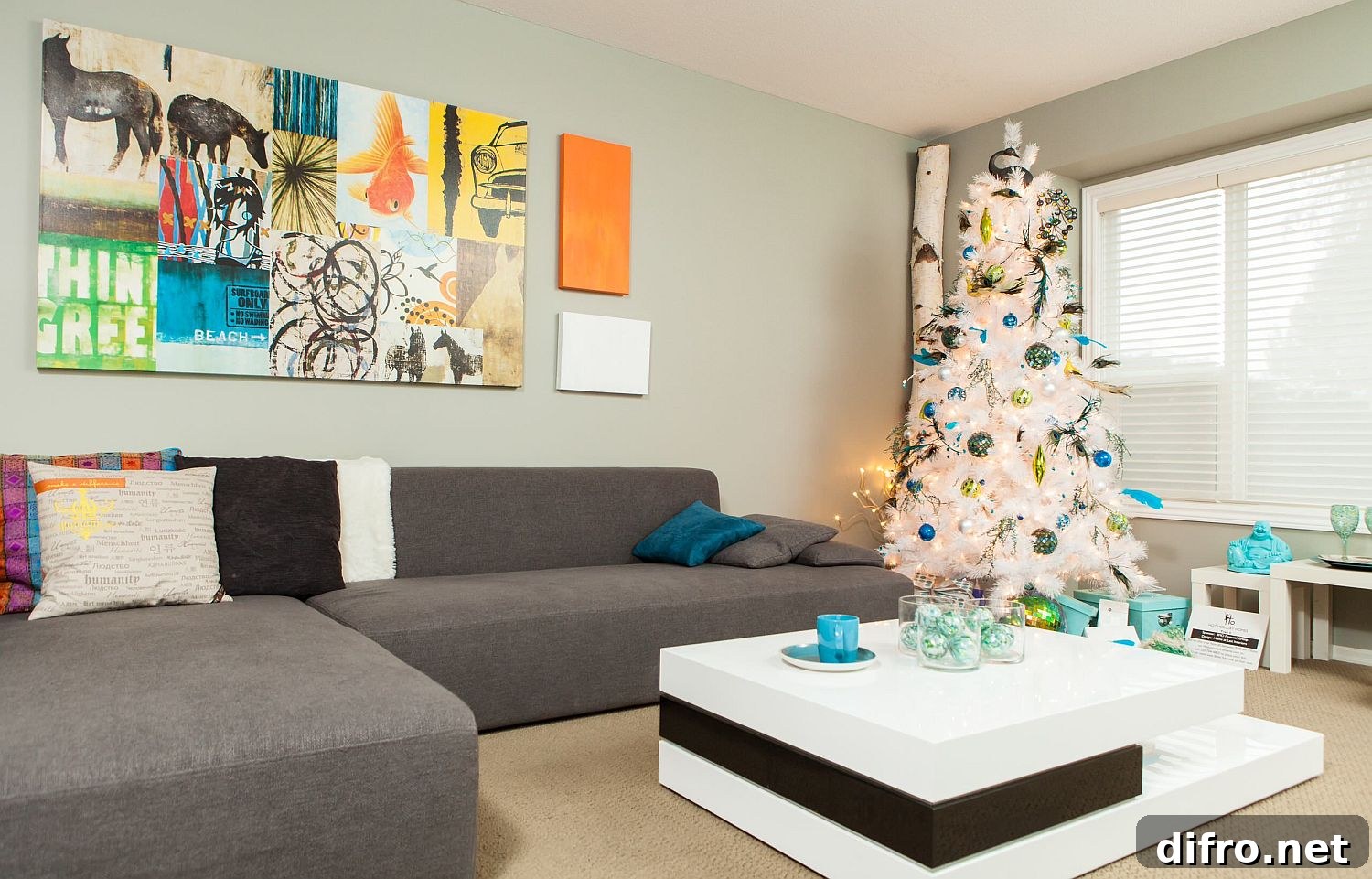 Large art piece behind couch adding festive charm to a living room