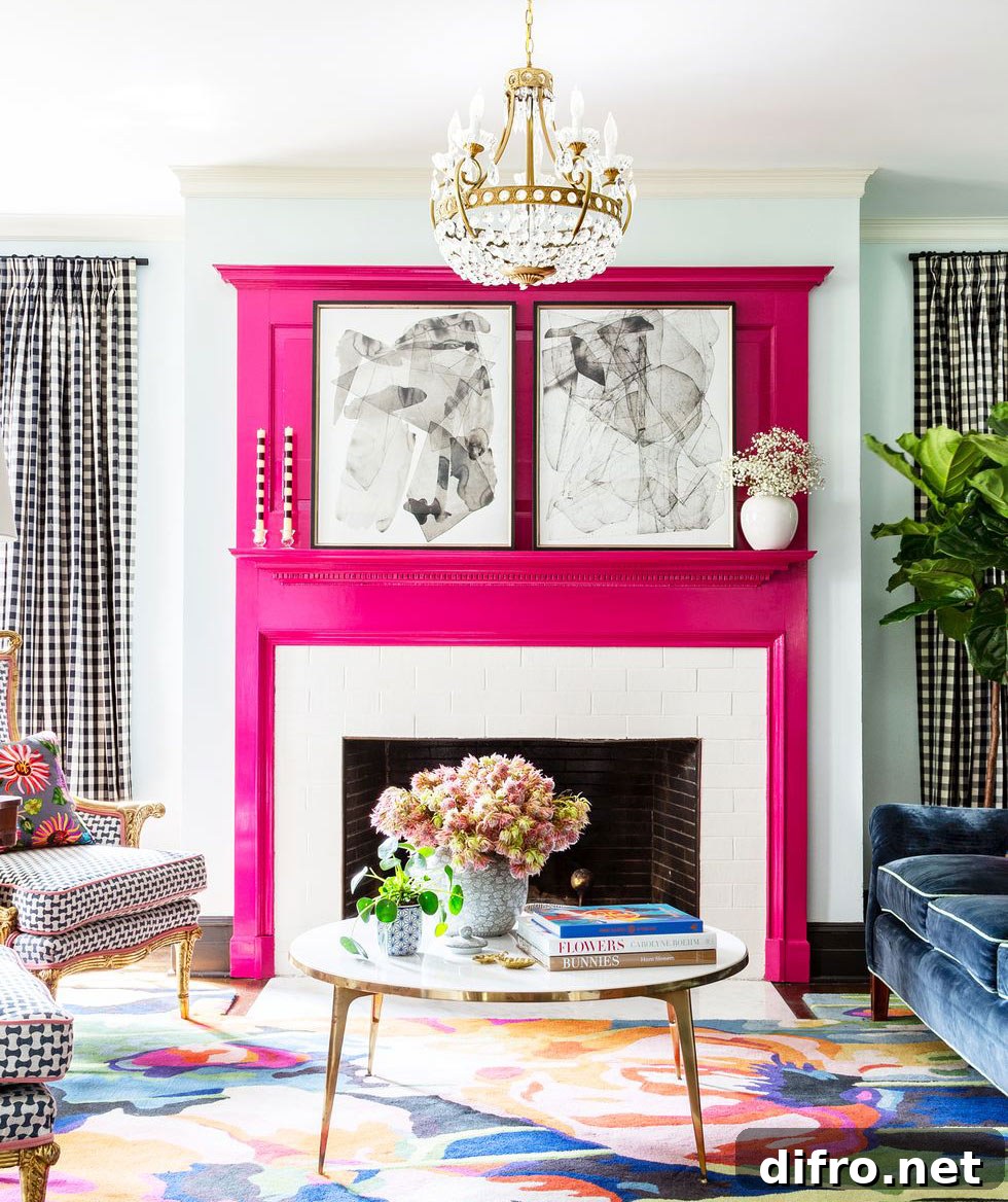Vibrant pink fireplace in eclectic sitting room