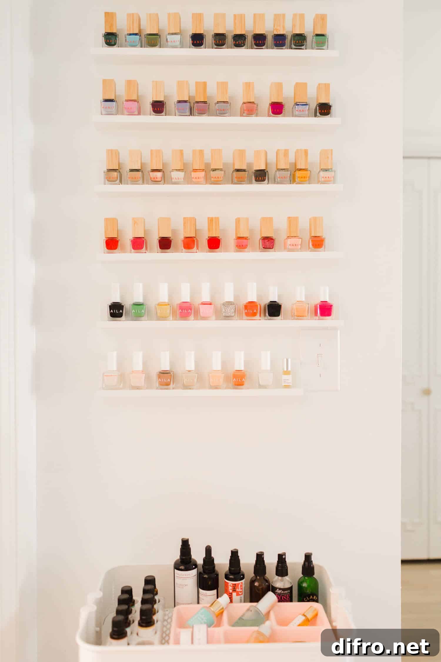 Nail polish display wall in closet