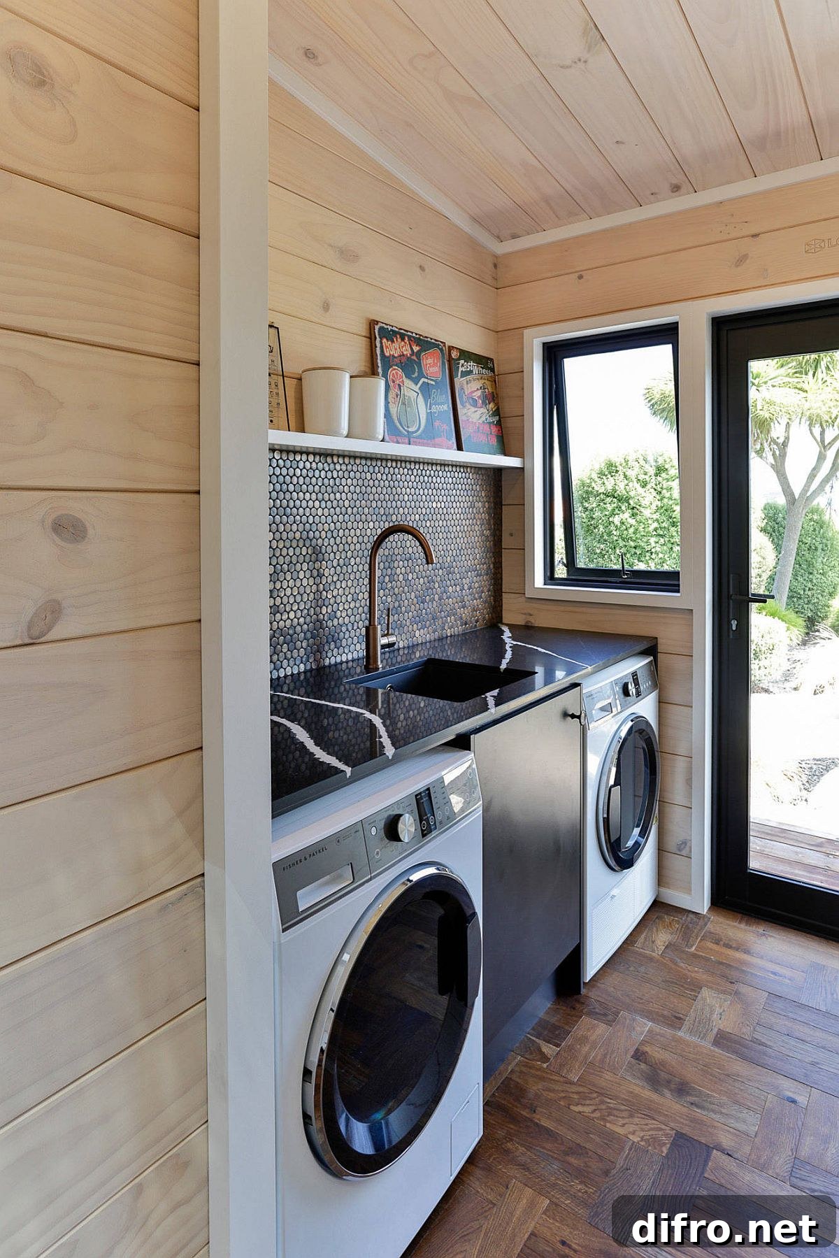natural finish shiplap on walls of laundry mud room