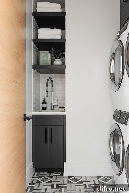geometric floor tiles stacked white washer and dryer slender small sink black cabinetry white towels countertop pull down faucet laundry room