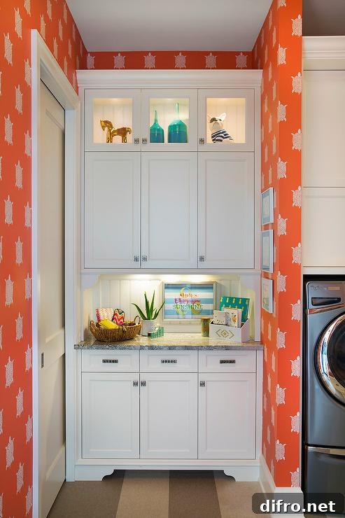 cabinetry lighting white cabinets orange deco wallpaper small laundry room decor pieces inside