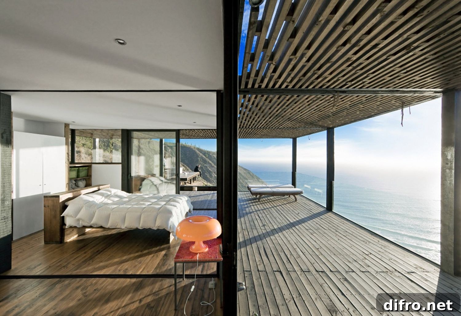 Steel frame contrasted with wood ceiling and floors