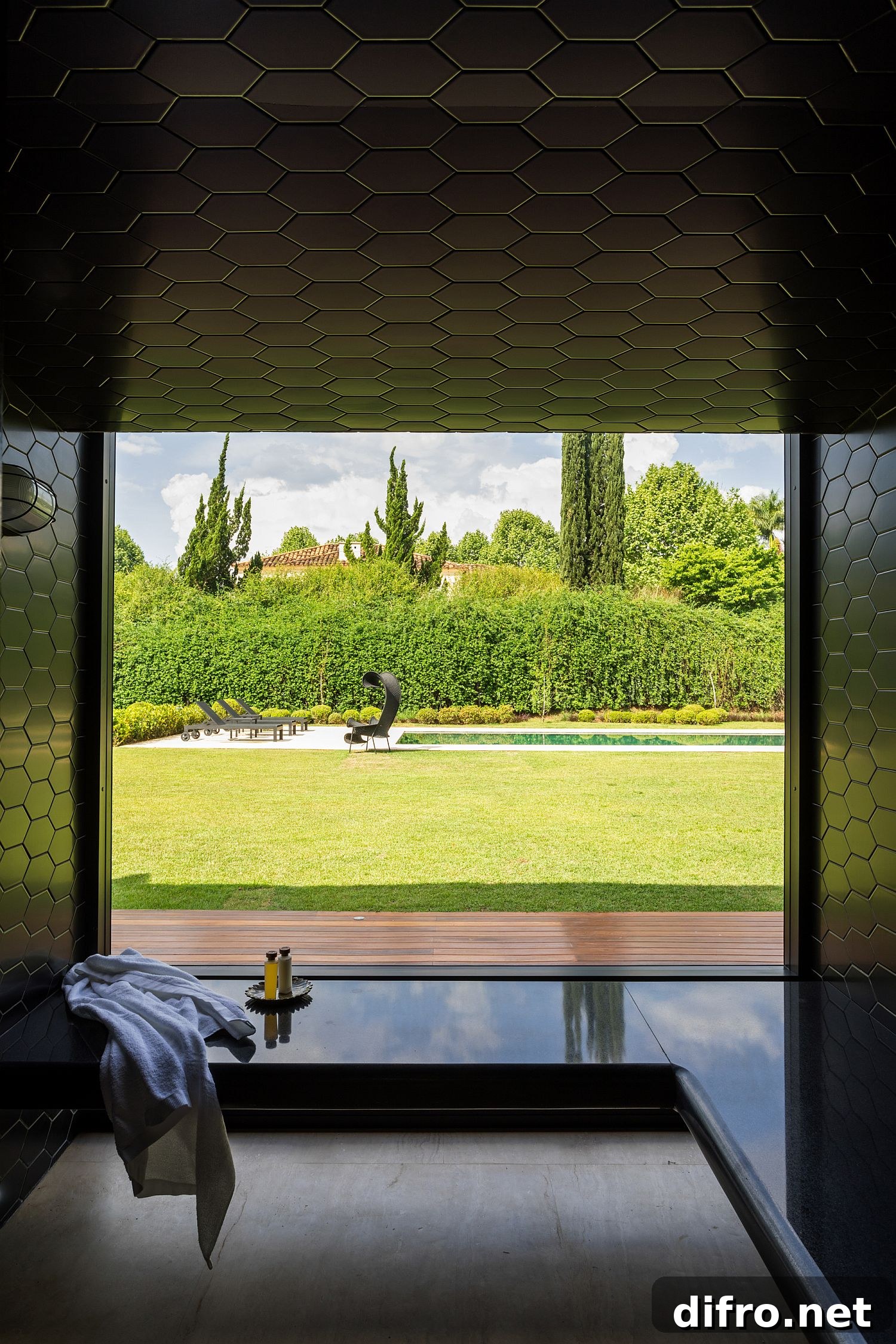 Hexagonal ceiling tiles in black for the contemporary bathroom