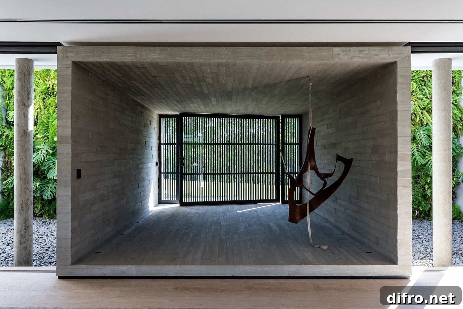 Concrete box-styled structures shape the interior