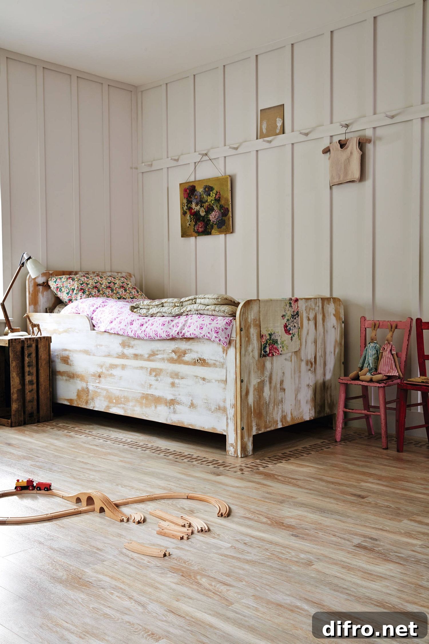 Bed frame with unpolished finish enhances shabby chic style