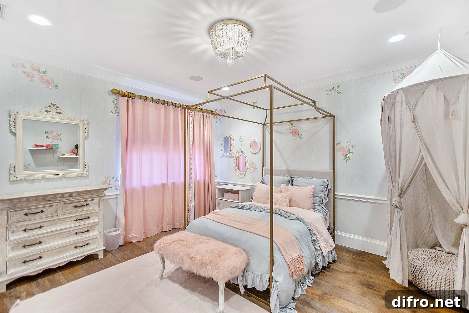 Pastel pinks and blues add color to shabby chic bedroom