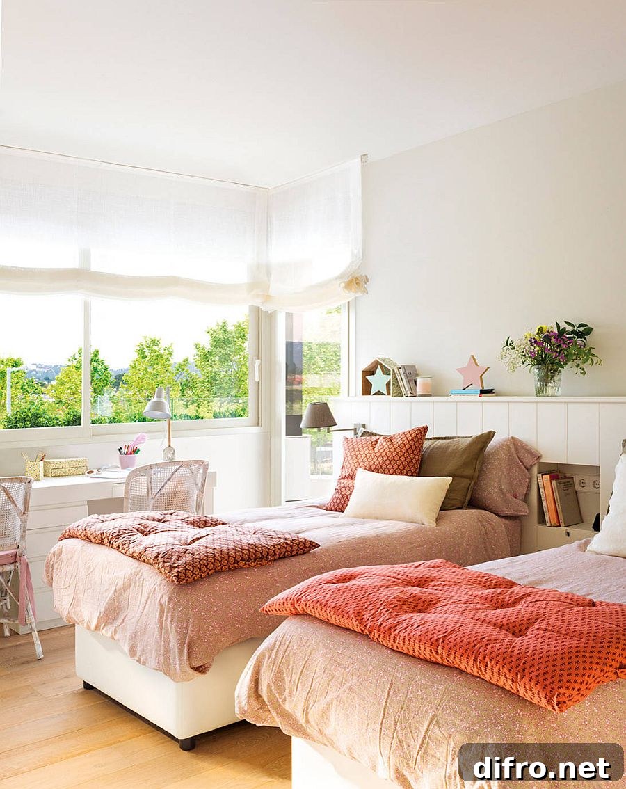 Greenery and bedding add color to small white bedroom