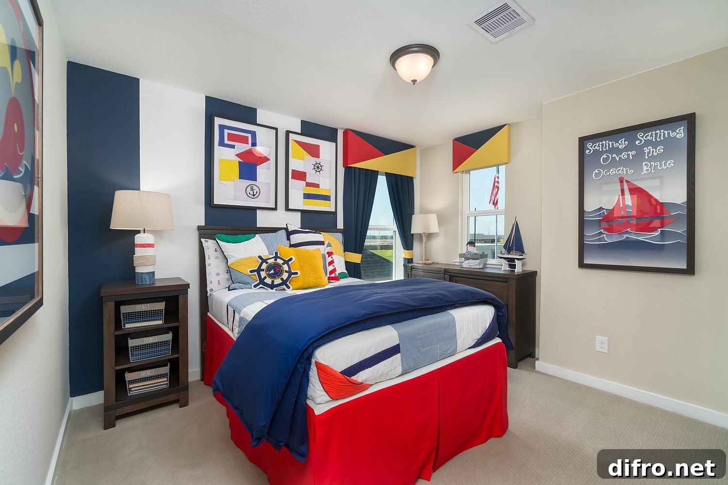 Multiple colors used in a modern beach-style bedroom