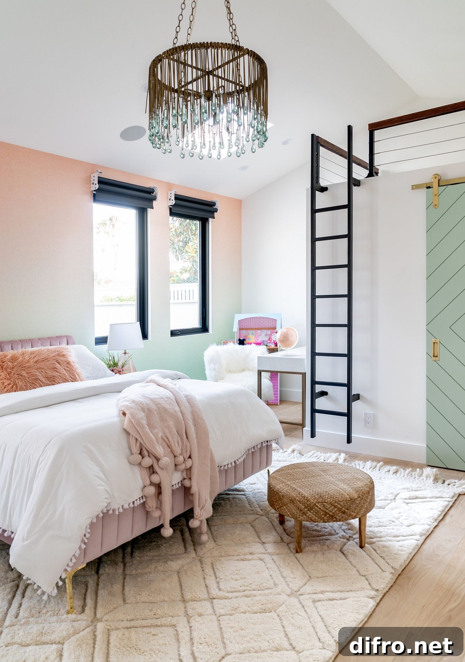 Girls' bedroom in pastel hues, elegant and modern