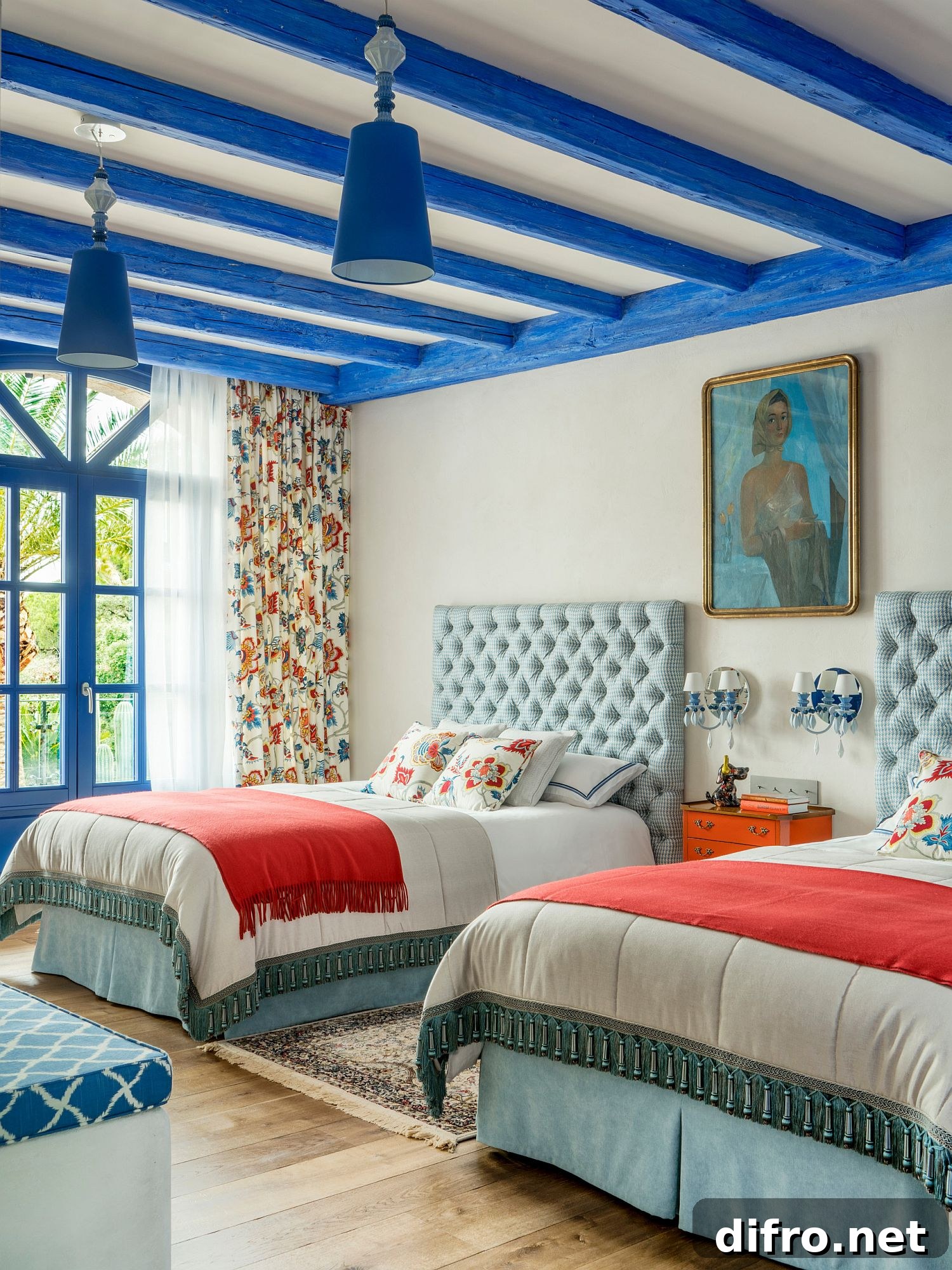 Blue ceiling beams bring color to a Mediterranean kids' room