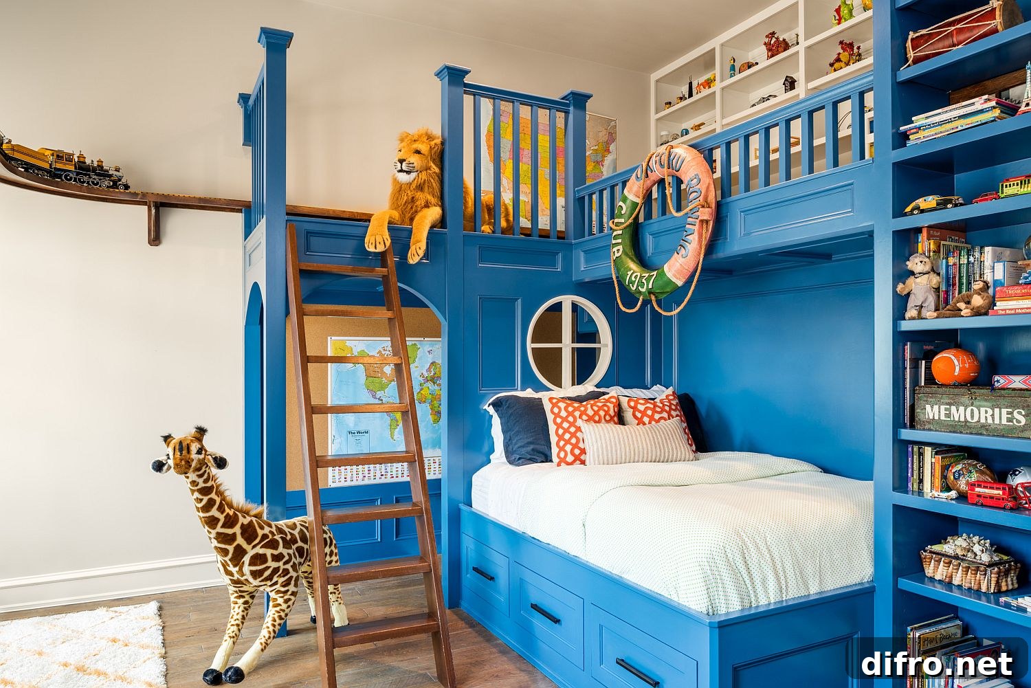 Bunk bed with custom shelves