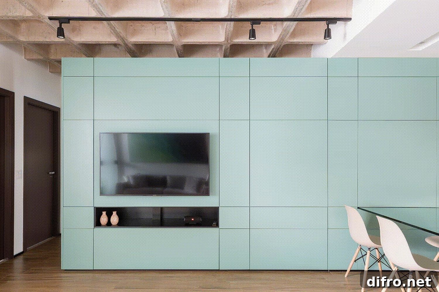 Custom multi-functional wall in the Brazilian apartment