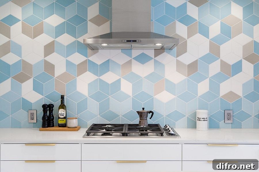 Hexagonal tile with 3D pattern enlivens the contemporary kitchen