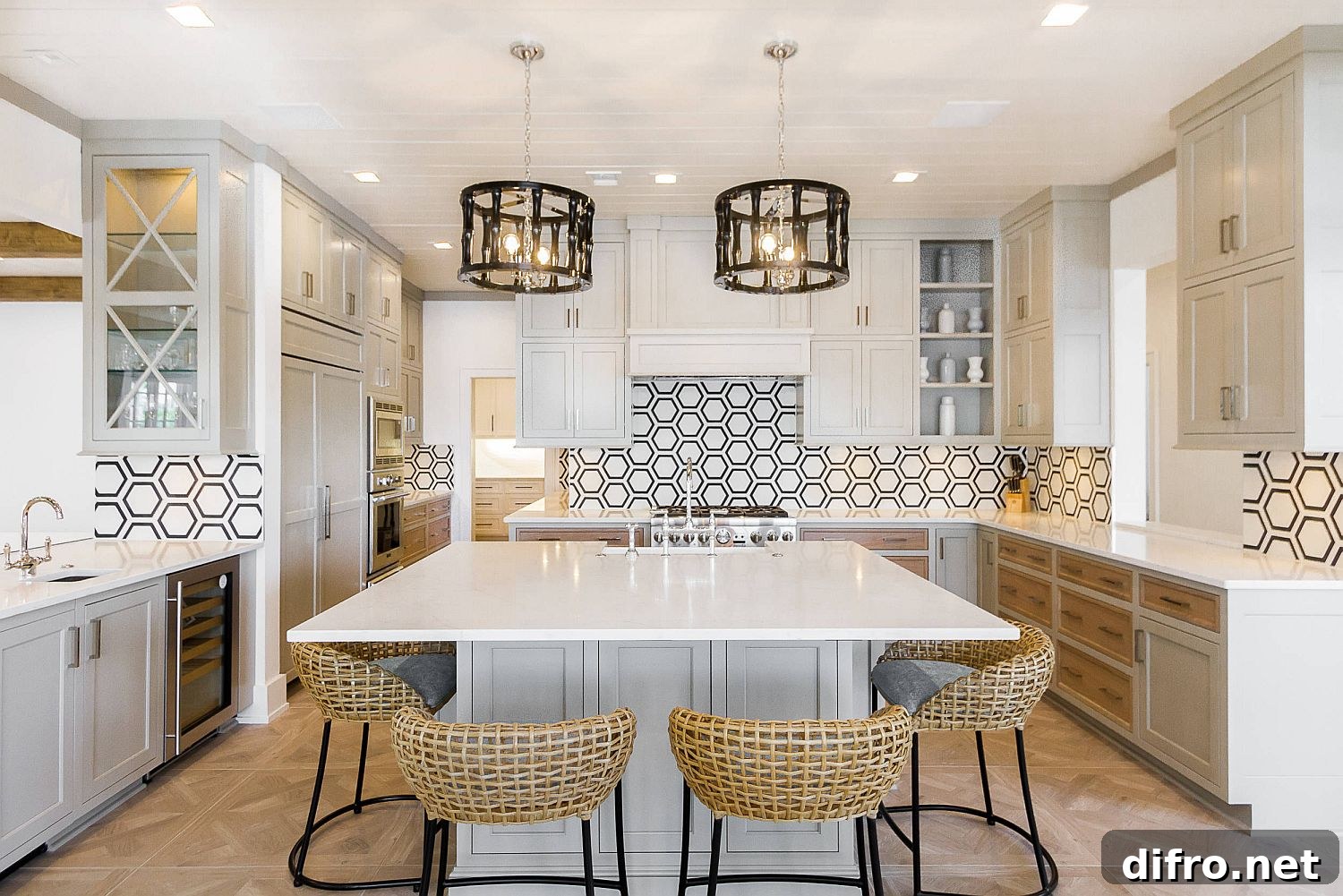 Fun hexagonal tiled backsplash for a white and yellow modern kitchen