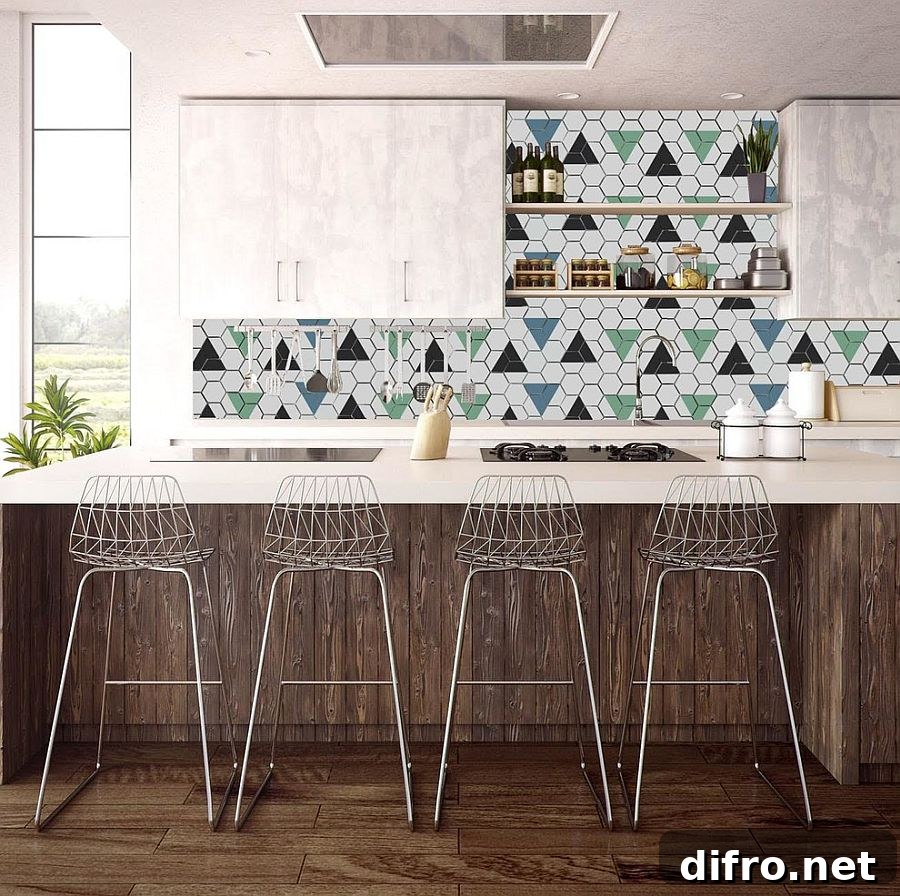 Geometric backsplash brings bold style to a modern kitchen