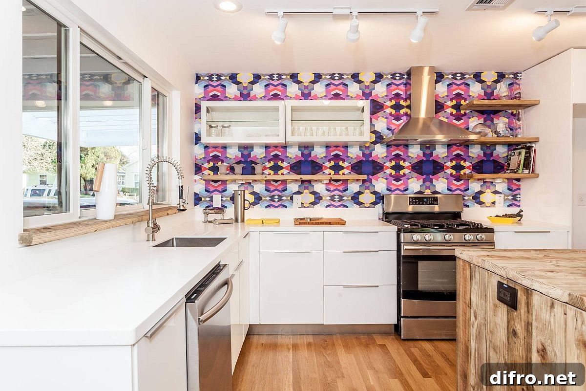 Colorful multi-colored tiled backsplash in a modern kitchen