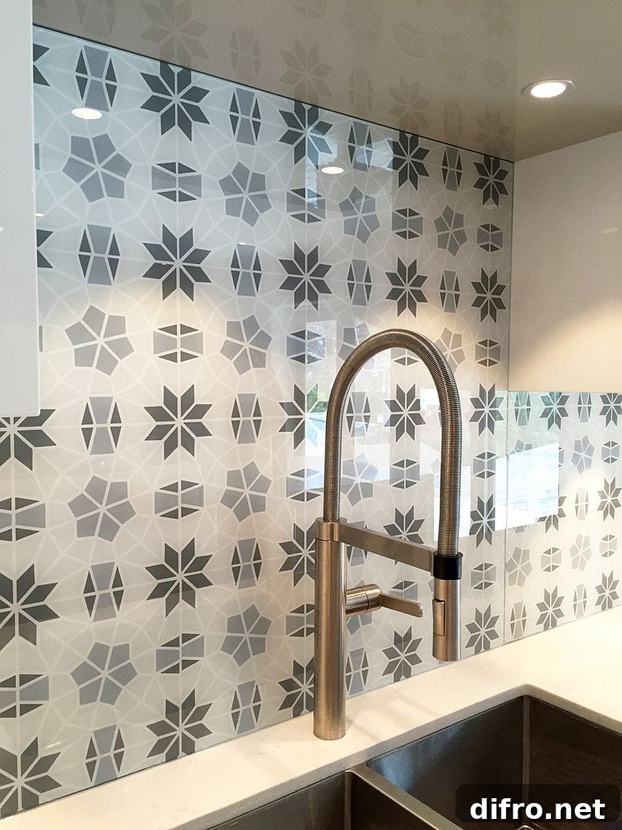Back-painted glass backsplash in pattern for an energetic kitchen