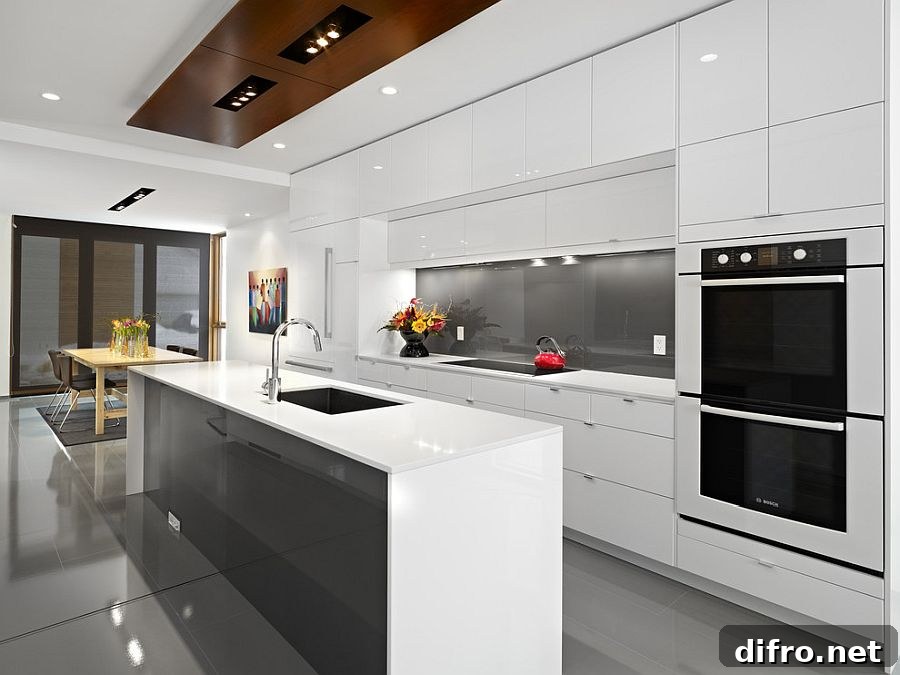 Gray back-painted glass backsplash in a contemporary kitchen
