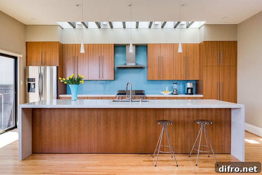 Bright blue back-painted glass backsplash with wooden cabinets