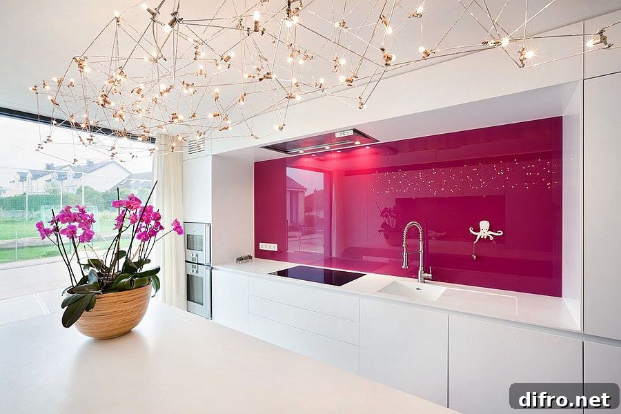 Scarlet back-painted glass backsplash steals the show