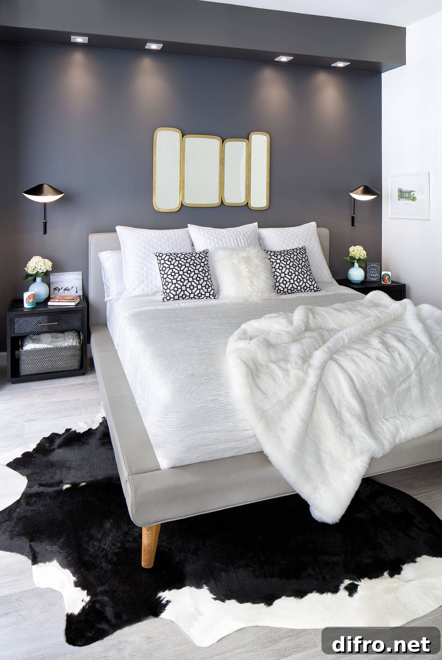 Custom compact bedroom with dark headboard accent wall