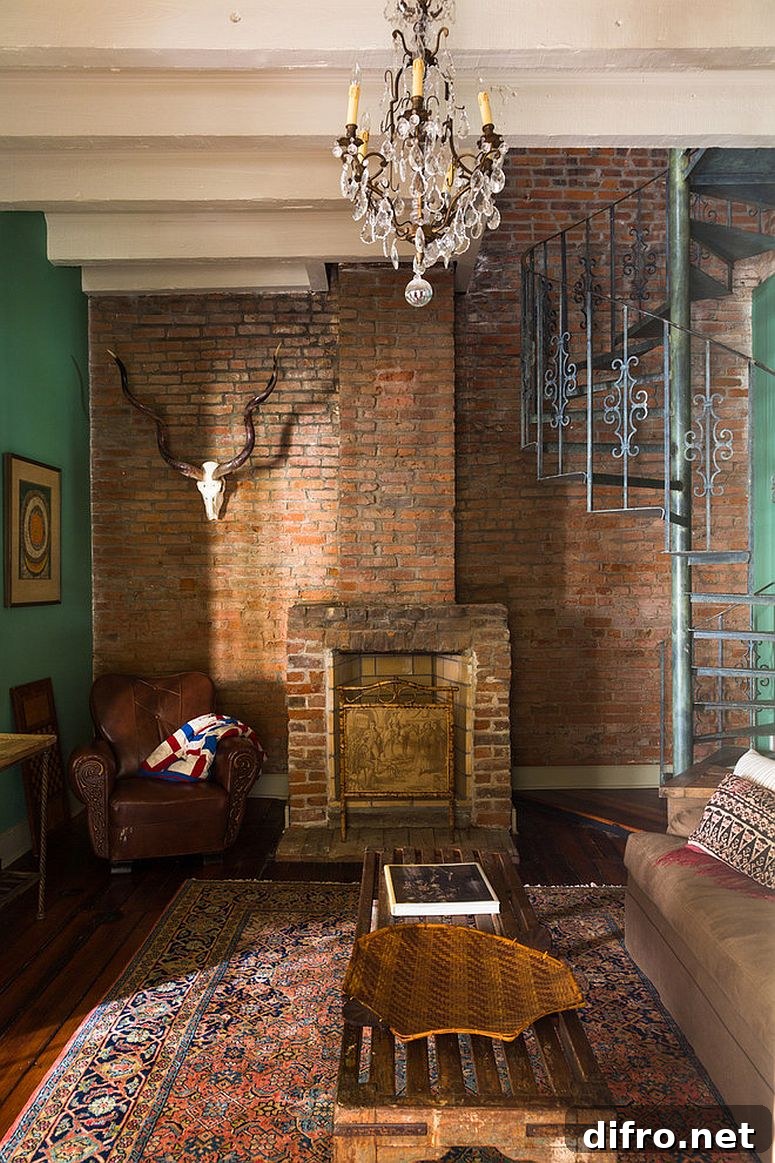 Unique brick wall in the backdrop with green on both sides for the eclectic living room