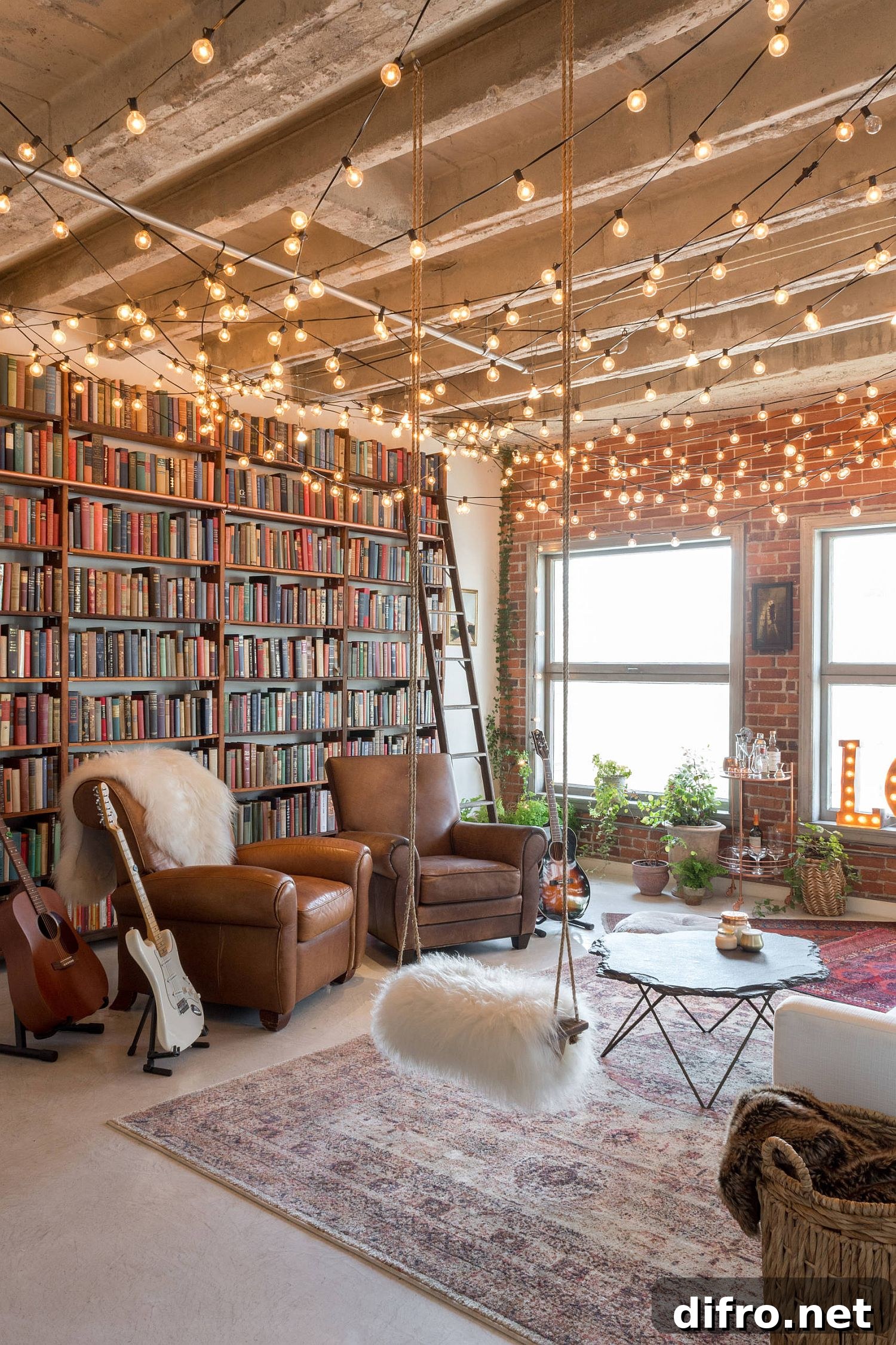 Floor-to-ceiling bookshelf with brick wall backdrop next to it and brilliant string lighting