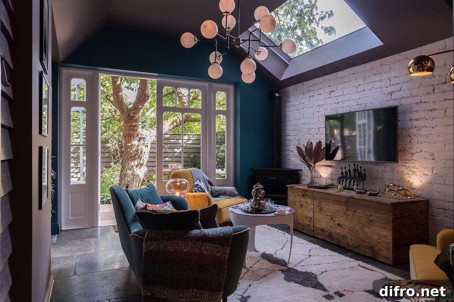 Small eclectic living room with brick wall backdrop, skylights and a view into the world outside