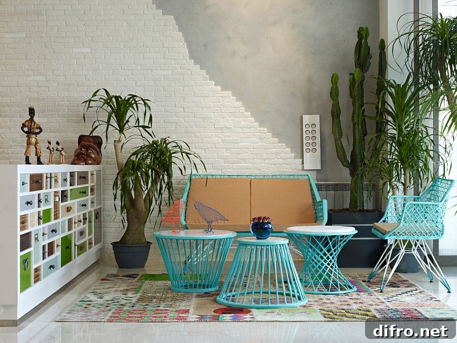 Try out faux brick wall covering in the eclectic living room if you miss the original brick wall