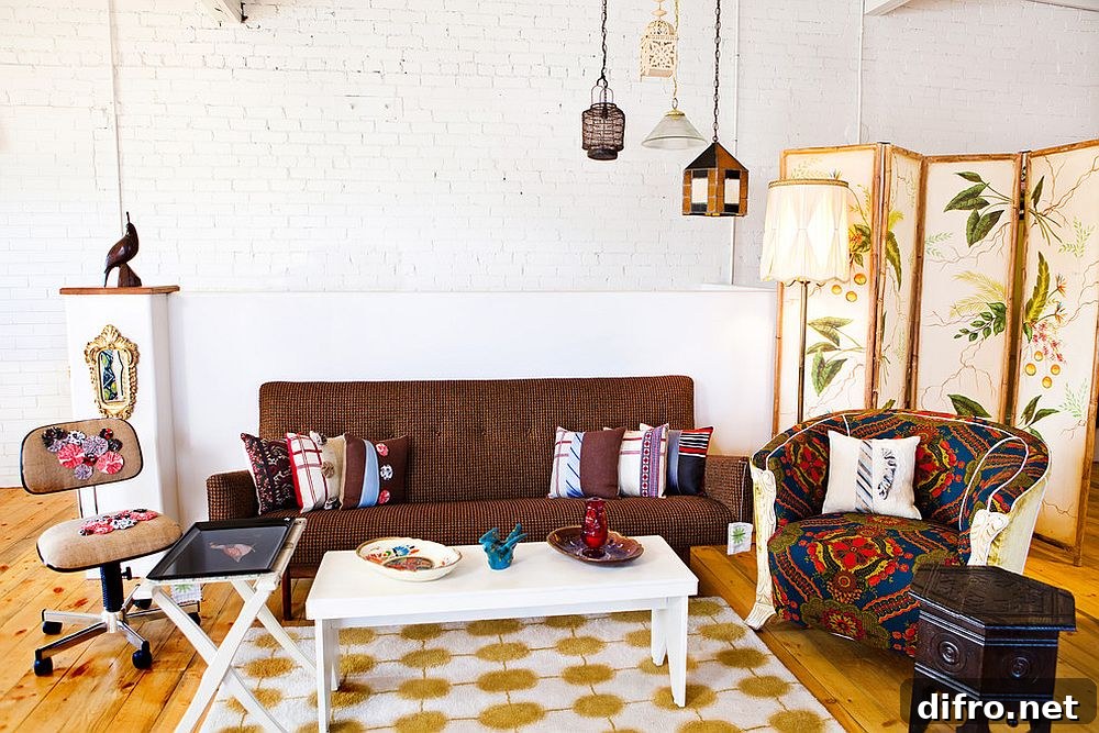 A hint of Moroccan flair for the eclectic room with whitewashed brick backdrop and wooden floor