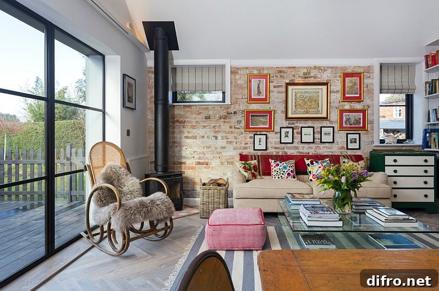 Using the large window to bring ample natural light into the eclectic living room