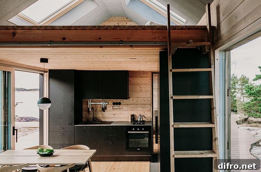 Kitchen with black shelves and wood accents