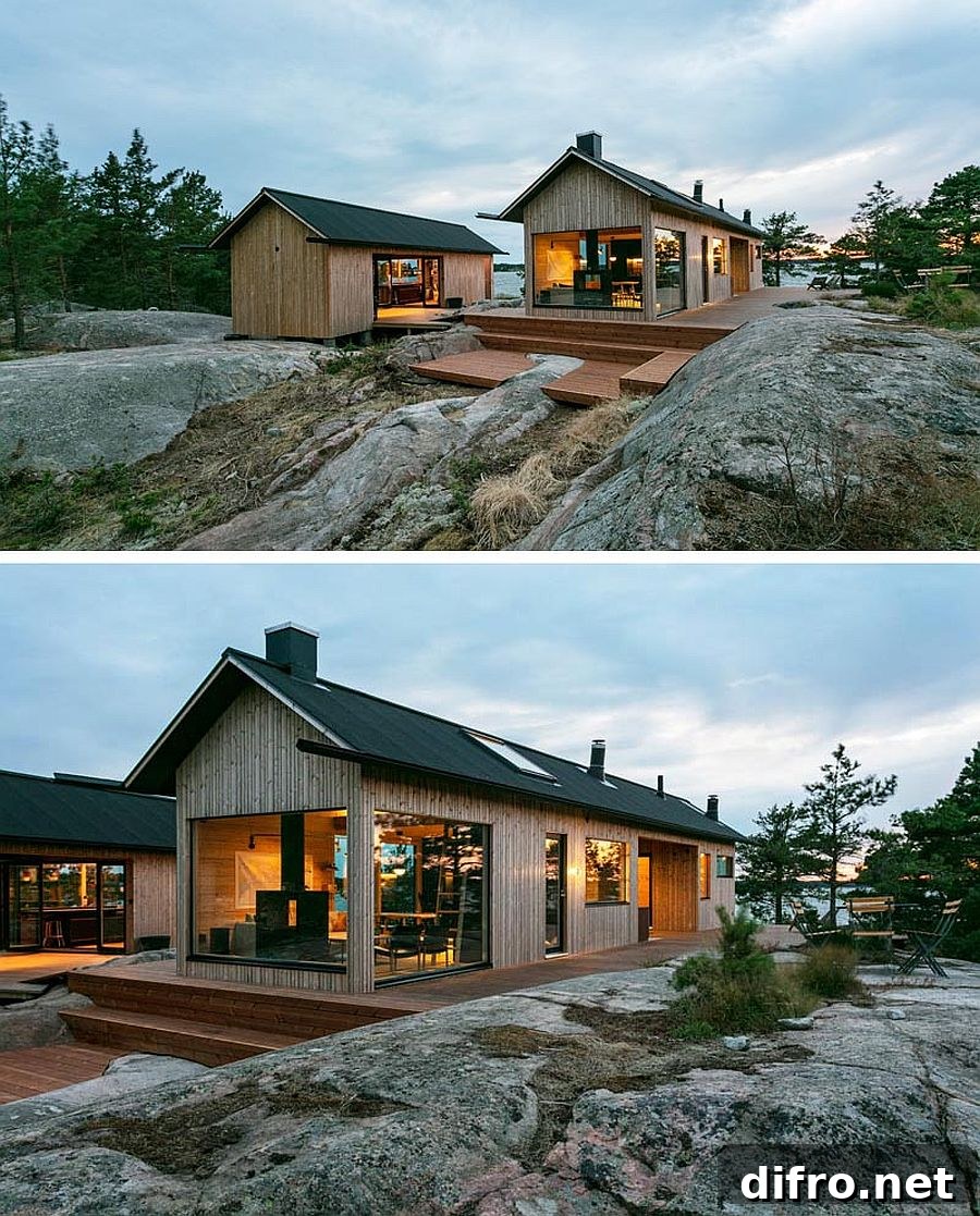 Modern cabins with waterfront views