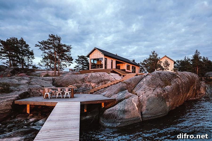 Deck with outdoor dining by the water