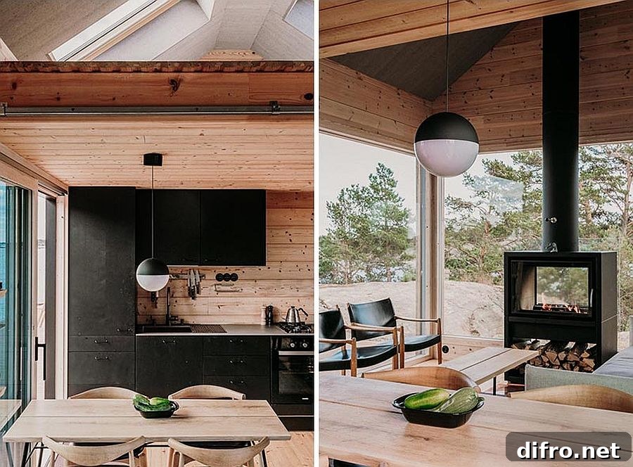 Black accents and cabinets provide contrast