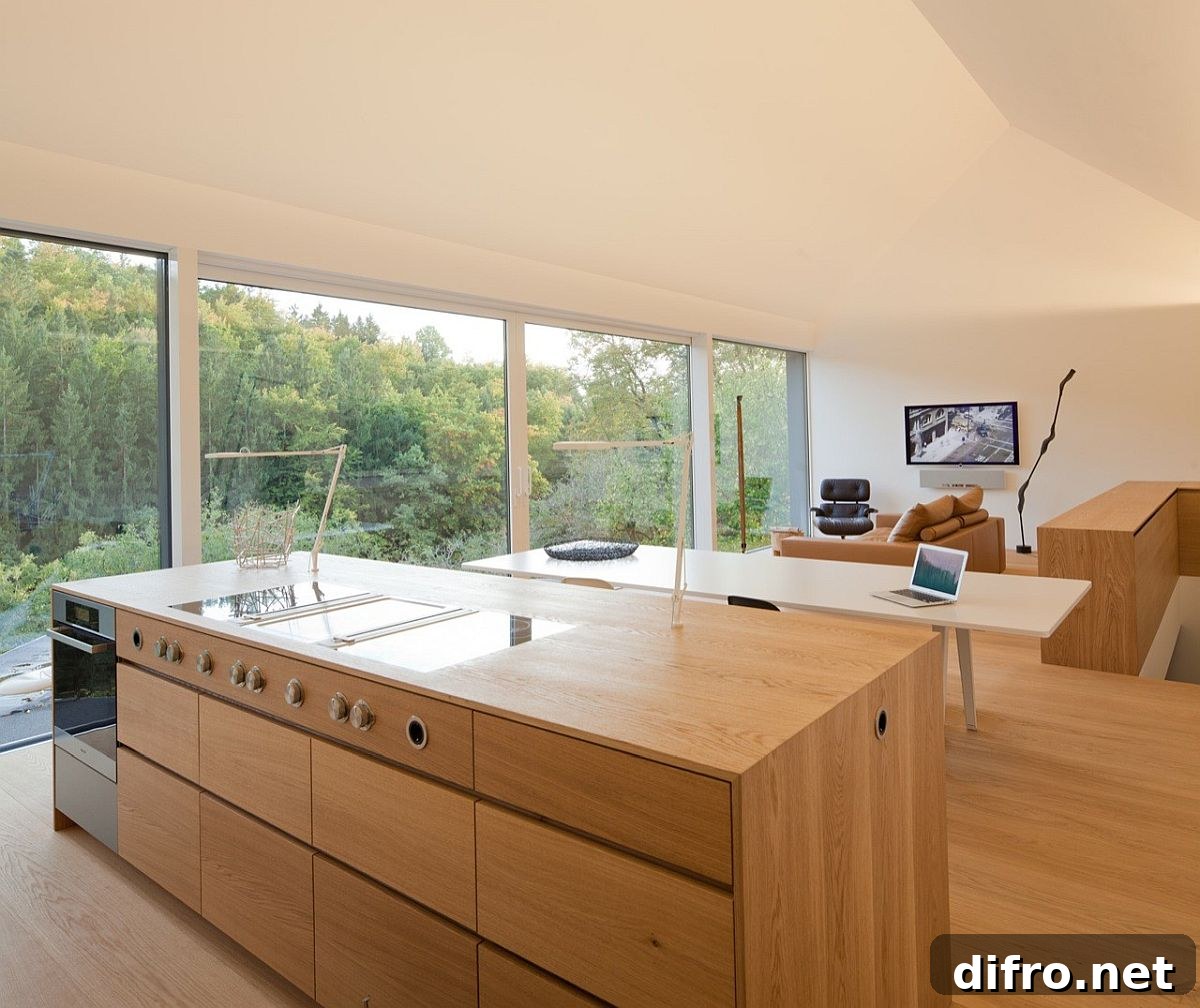 Kitchen, workspace, dining and living areas of the Studio House