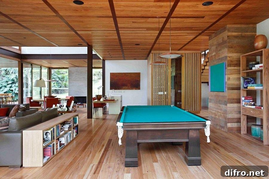 Pool table in the living space is a fun and unique addition