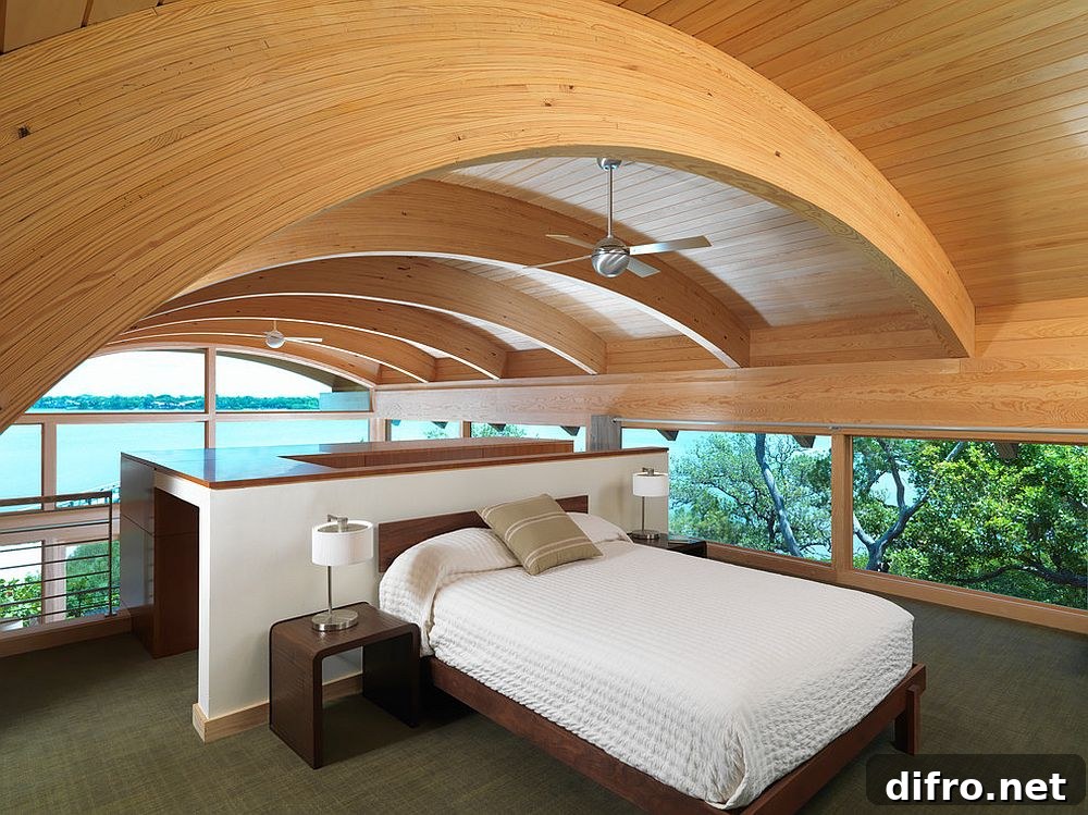 Contemporary bedroom with curved ceiling beams