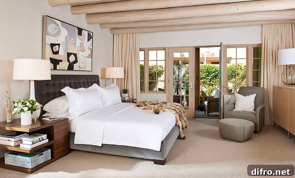 Polished bedroom featuring wooden ceiling beams