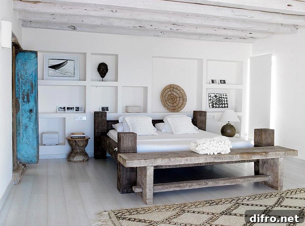 Whitewashed ceiling beams blending into a white bedroom backdrop