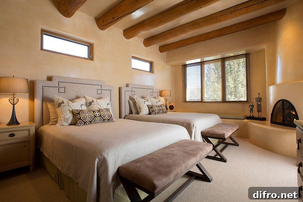 Modern rustic bedroom with textured walls and wooden ceiling beams