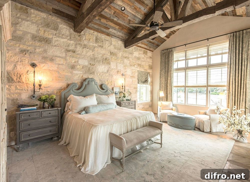 Rustic farmhouse bedroom with wooden ceiling and stone walls